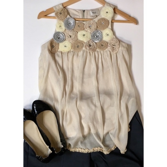 ECI Other - Shimmery Off White tank with Fabric Flower Detail